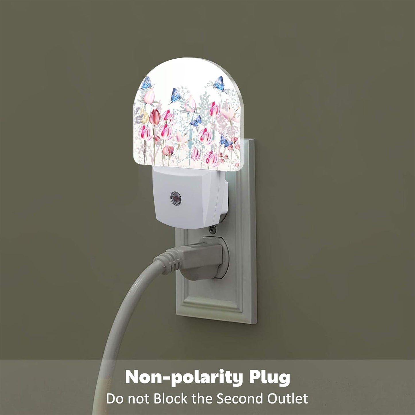 Pink Tulip Flowers and Butterflies Night Light Plug into Wall,Watercolor Spring Floral Dusk to Dawn Night Light Plug in,0.5w Energy Saving Sleep Friendly NightLight for Kids Boys Girls Home Decor