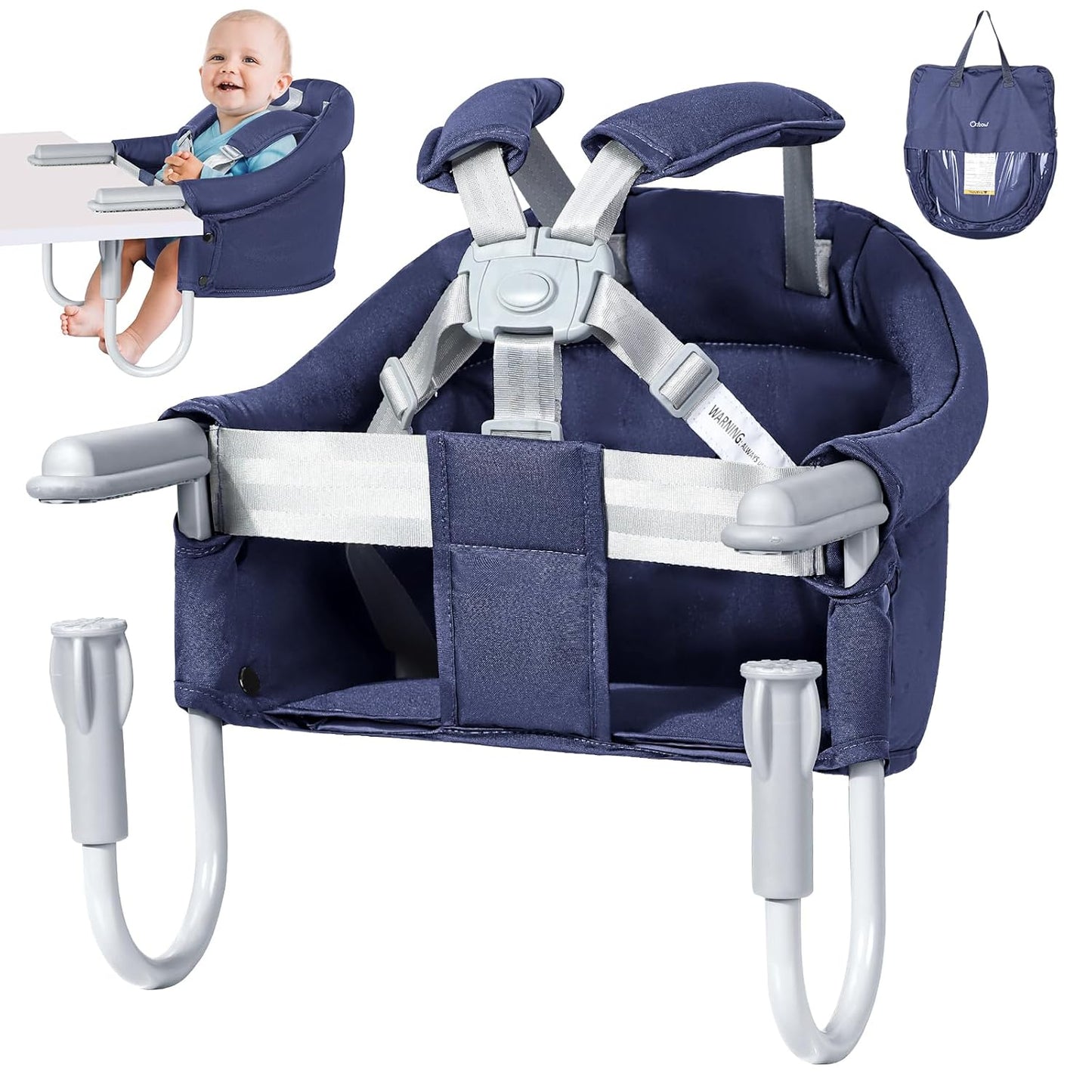 Orzbow Hook-On High Chair for Babies 6-36 Months - Portable, Fits Tables 0.78 to 3.14inchs Thick, Collapsible Clip-On Counter High Chair with Carry Bag for Travel, Home and Restaurant, Blue