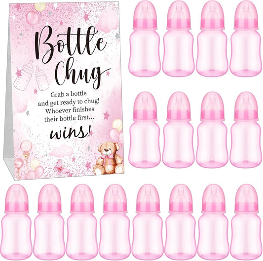 TrelaCo Bottle Chug Baby Shower Game 20 Pcs Baby Bottles Shower Favor with 1 Bear Theme Sign for Gender Reveal Party Supplies Gifts(Transparent Pink)
