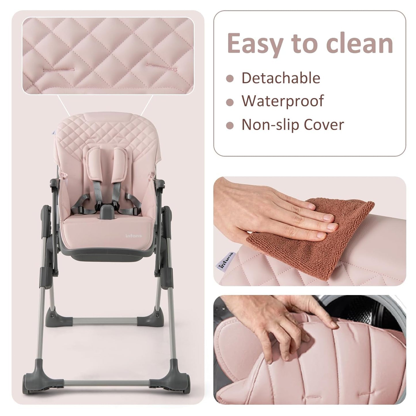 INFANS Baby High Chair, Convertible Quick Folding Portable Highchair for Babies and Toddlers with Adjustable Height Backrest Footrest 2 Wheels Removable Tray, Easy to Clean PU Seat (Pink)