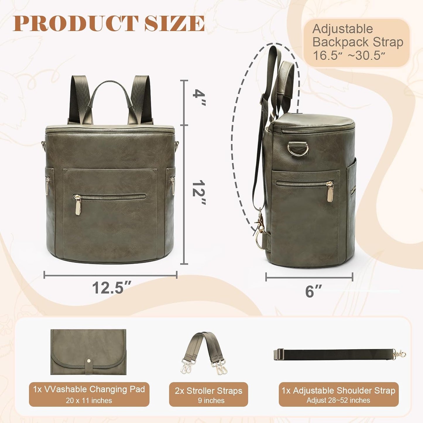 miss fong Diaper Bag Backpack Baby Diaper Bag, Large Leather Diaper Backpack with 16 Pockets Travel Diaper Bag with Diaper Changing Pad, Stroller Straps & 2 Insulated Pockets (Convertible, Forest)