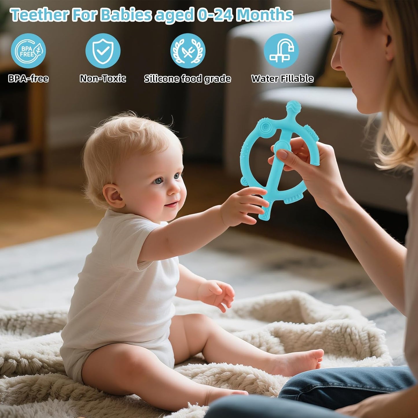 Chuya Baby Teething Ring Sticks with Easy-Hold Chew Toys Silicone Baby Teether Toy Sore Gums Teething Relief for 3-24 Months Babies Newborn 8 Massages Textures BPA Free