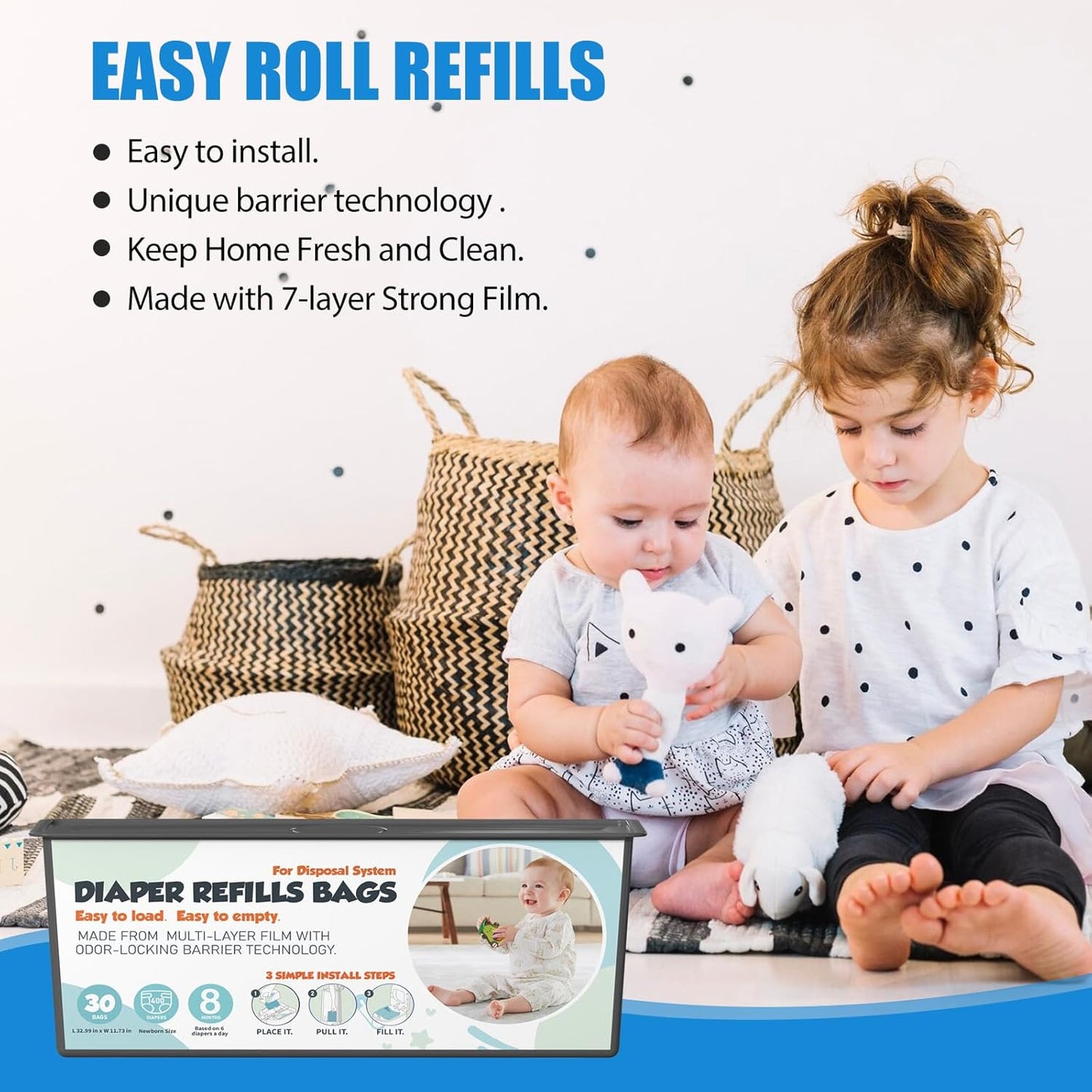 Diaper Pail Refills Bags with 30 Bags Compatible with Genie Easy Roll Signature and Platinum Diaper Pails, 7-Layer Odor-Barrier Technology, 6 Pack (180 Bag)