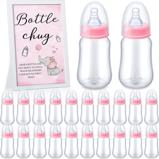 Roowest Bottle Chug Baby Shower Game Favors Including Pink Elephant Theme Wooden Sign and 18 Pcs Baby Bottles for Gender Reveal Party Supplies