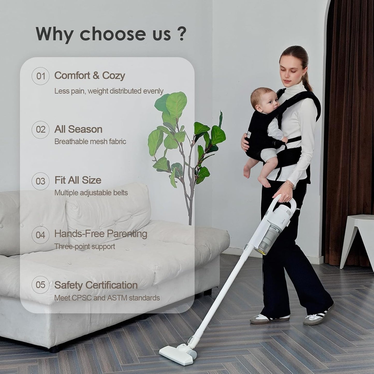 Baby Carrier Newborn to Toddler, Easy Adjustable Toddler Carrier for 7-30lbs, Baby Holder Wrap Carrier, Breathable Mesh Fabric Infant Kangaroo Hip Carriers with Lumbar Support, Black