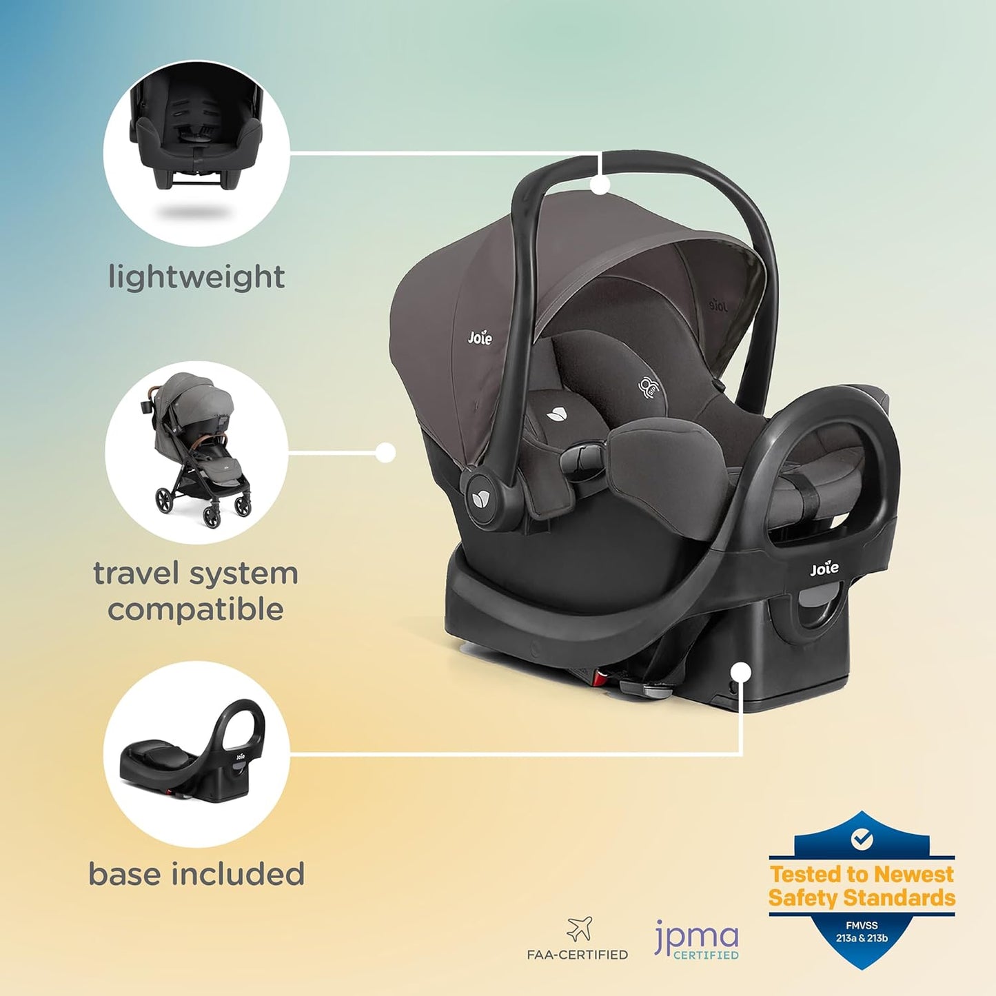 Joie Rue Lightweight Infant Car Seat & Anti-Rebound Base –Side-Impact Protection, 5-Point Harness, and UPF 50+ Canopy for Newborns and Infants (Evergreen)