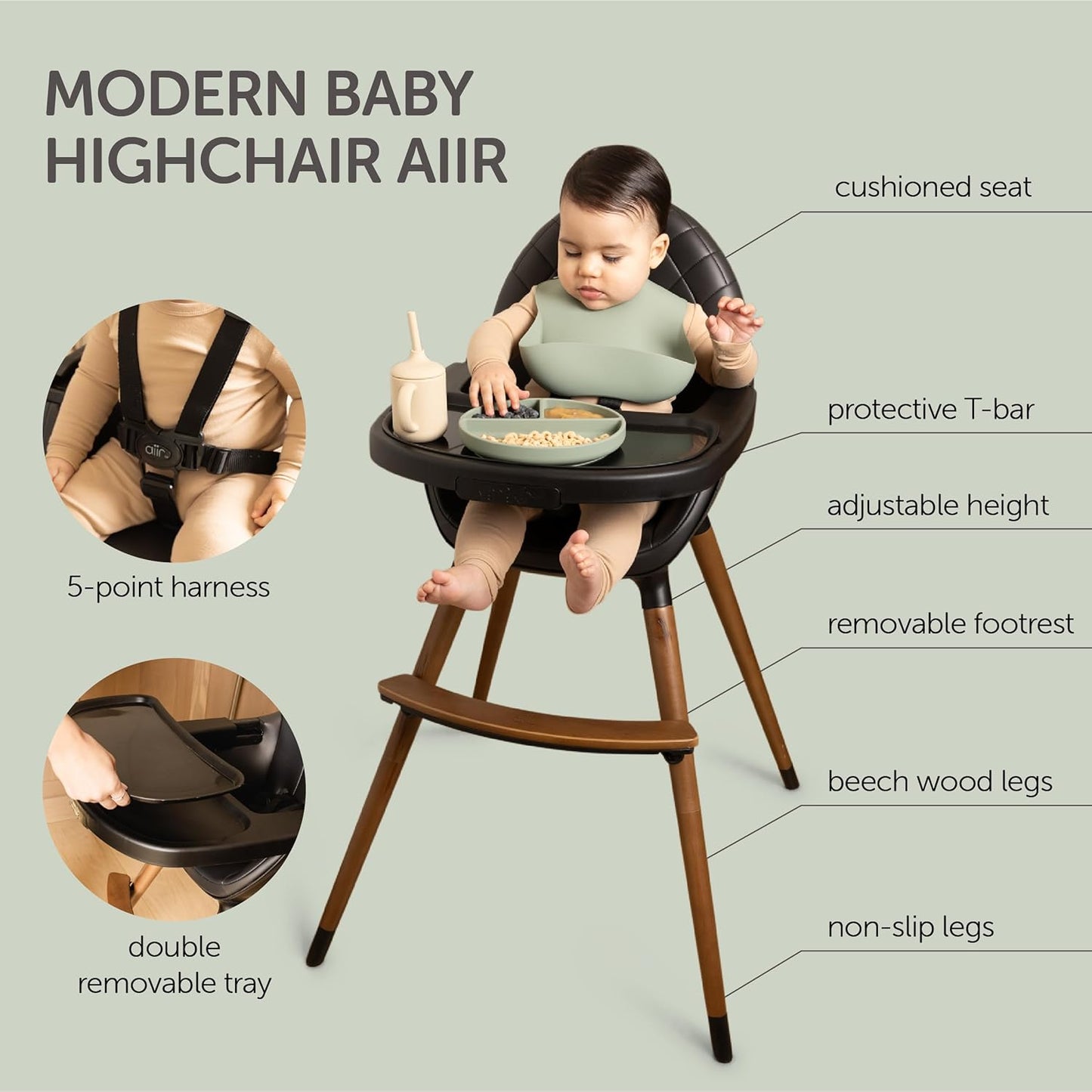 Convertible High Chair for Babies, Toddlers, Kids & Children - Wooden Highchair with Adjustable Height & Dishwasher Safe Tray - Wood Feeding & Dining Chair - Converts to Booster Seat (Black)