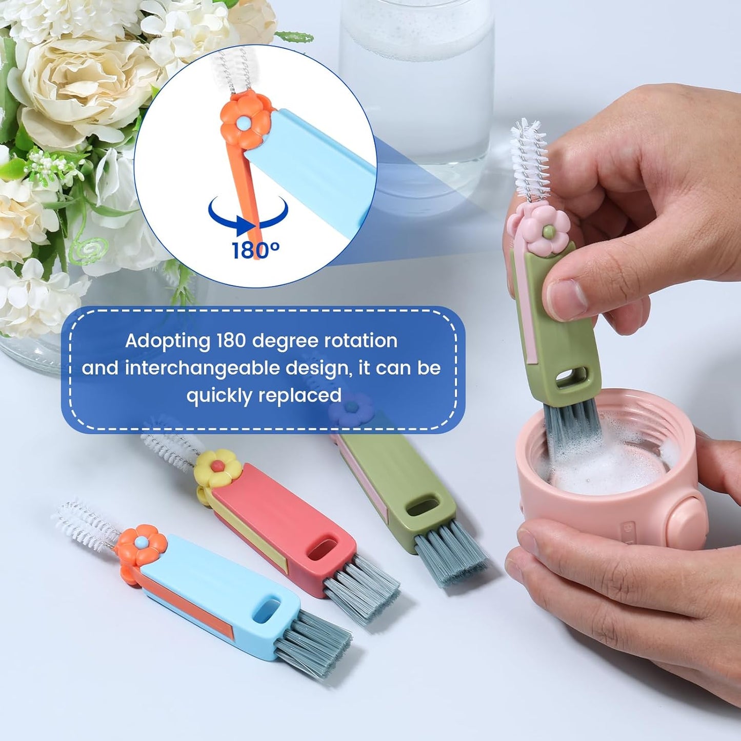 6Pcs Cup Lid Cleaning Brush Multifunctional Bottle Gap Cleaner Brush 180° Rotatable Cup Lid Gap Cleaning Brush Set Hangable Cup Crevice Cleaner Portable 3 Colors Cup Lid Cleaner for Bottle Cleaning