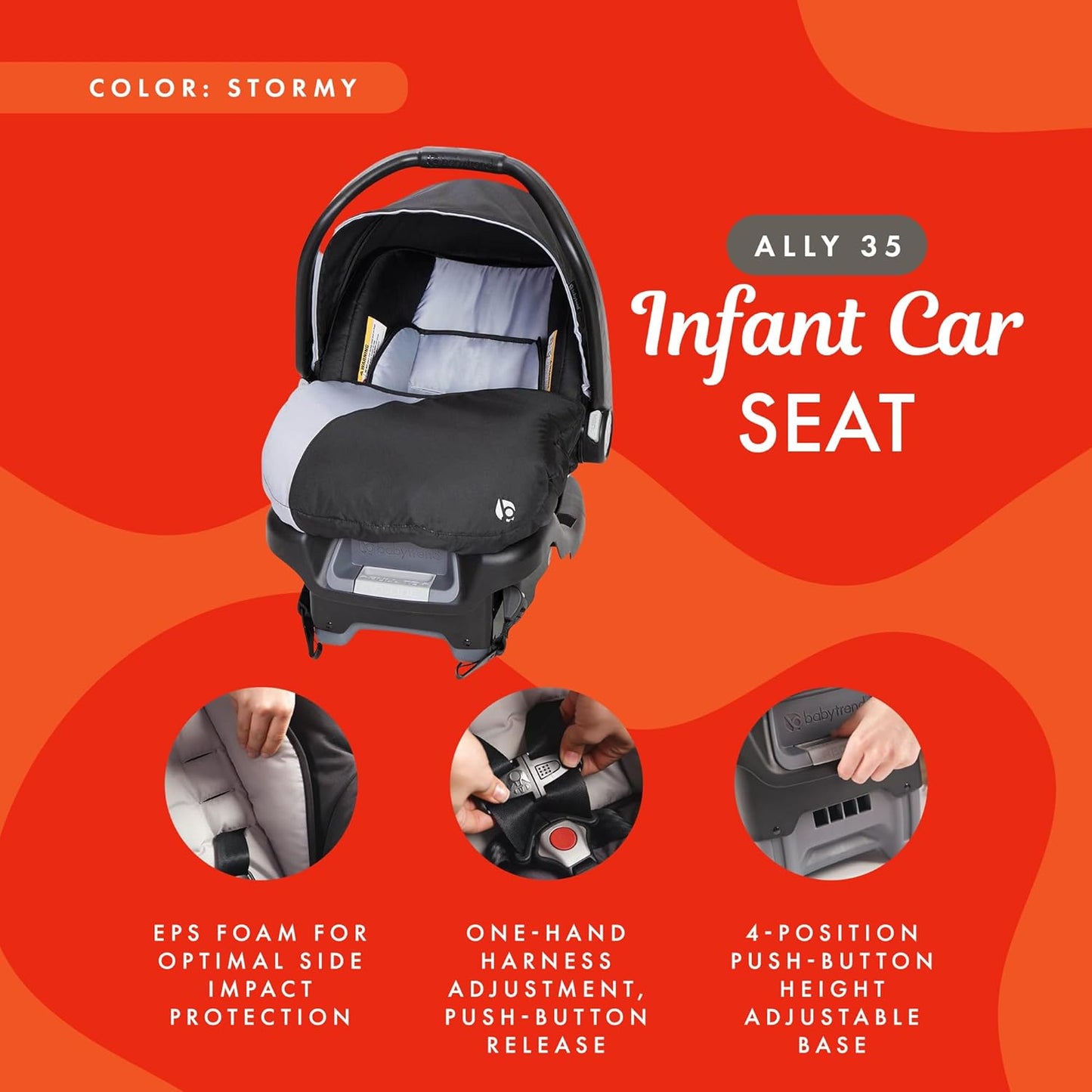 Baby Trend Ally Newborn Baby Infant Car Seat Carrier Travel System with Harness and Extra Cozy Cover for Babies Up to 35 Pounds, Stormy