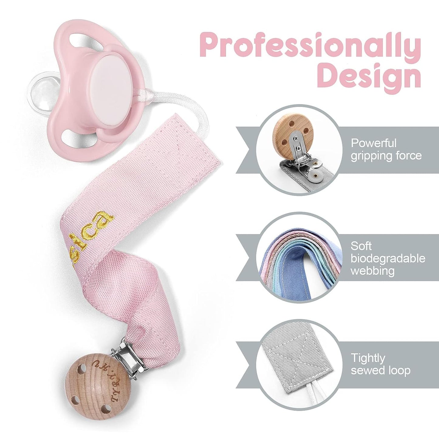 TYRY.HU Personalized Pacifier Clip with Name, Embroidery Webbing Pacifier Holder for Baby Girls and Boys, Neutral Pacifier Leash Universally Fit All Pacifiers & Baby Toys, 2 Pack Baby Gift(Grey, Pink)