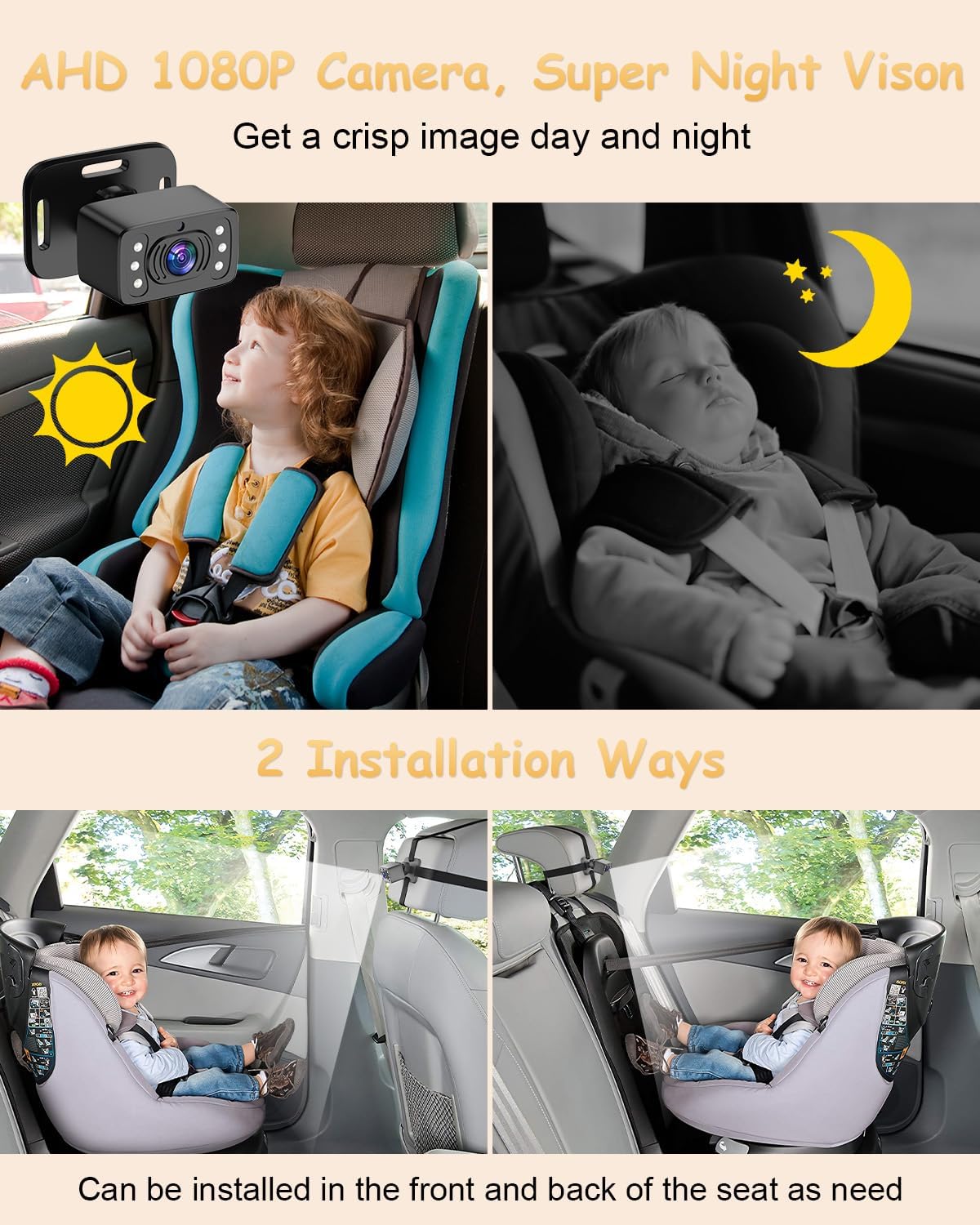 25HOURS YJ1 Baby Car Camera - 6.86" HD Car Baby Monitor Touchscreen with Apple CarPlay, 1080p Ultra IR Night Vision, 150° Wide Angle, Split Screen, 3X Zoom, GPS Navigation,FM,Siri, Plug-and-Play