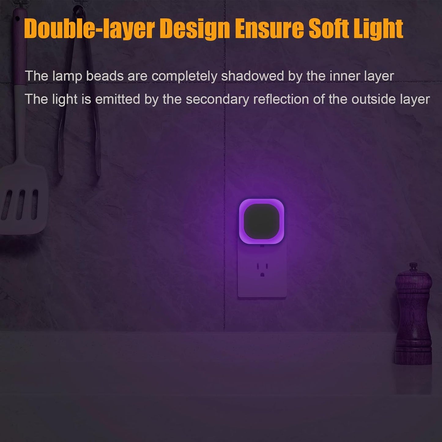 2 Pack Purple Night Light, Gentle Eye-Care with Dimmable Soft Glow & Indirect Reflection, Auto Dusk to Dawn Sensor, Plug in Nightlight for Meditation Corner, Creative Studio, Bedroom, Bathroom