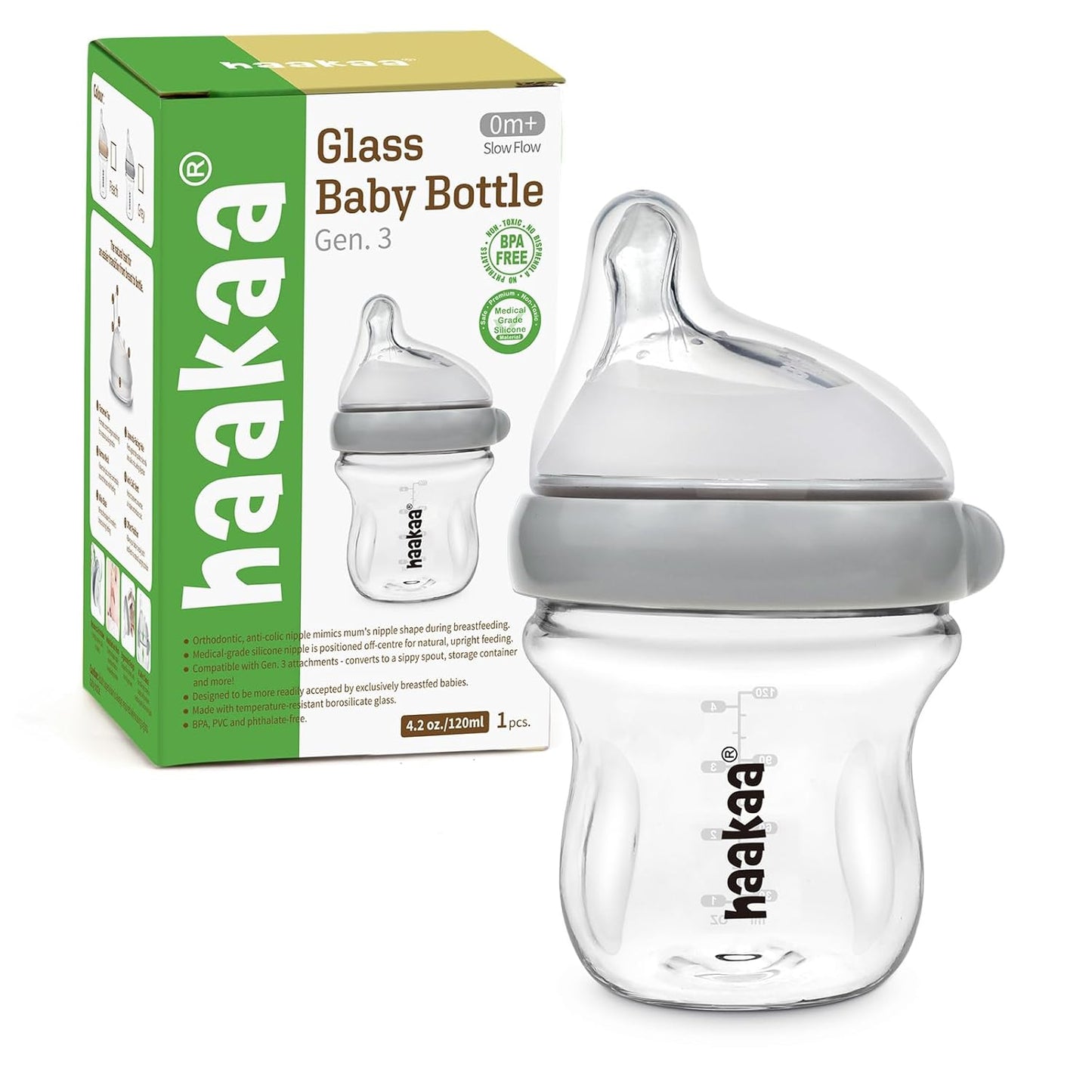 haakaa Gen.3 Natural Glass Baby Bottle 4.2oz/120ml - Wide Neck Anti-Colic Slow Flow Nipple for 0M+ Breastfed Baby, Newborn Registry Essentials,BPA-Free - 1 PK