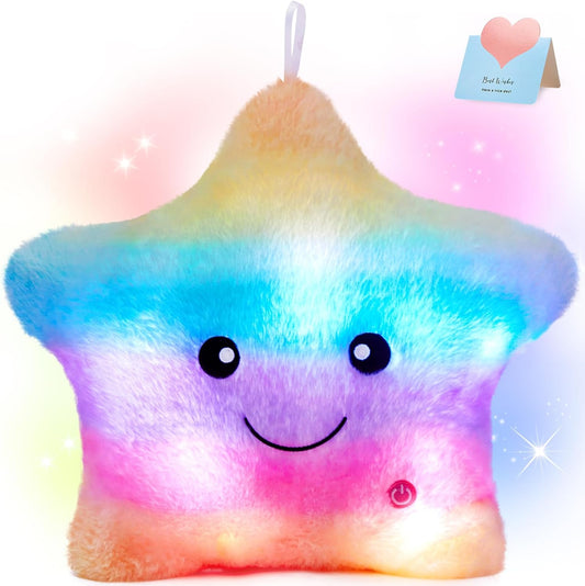 WEWILL 13'' Rainbow Light up Twinkle Star Glowing LED Night Light Plush Toy Pillows Stuffed Animal Birthday Christmas Holiday Valentines Gifts for Toddlers Girls