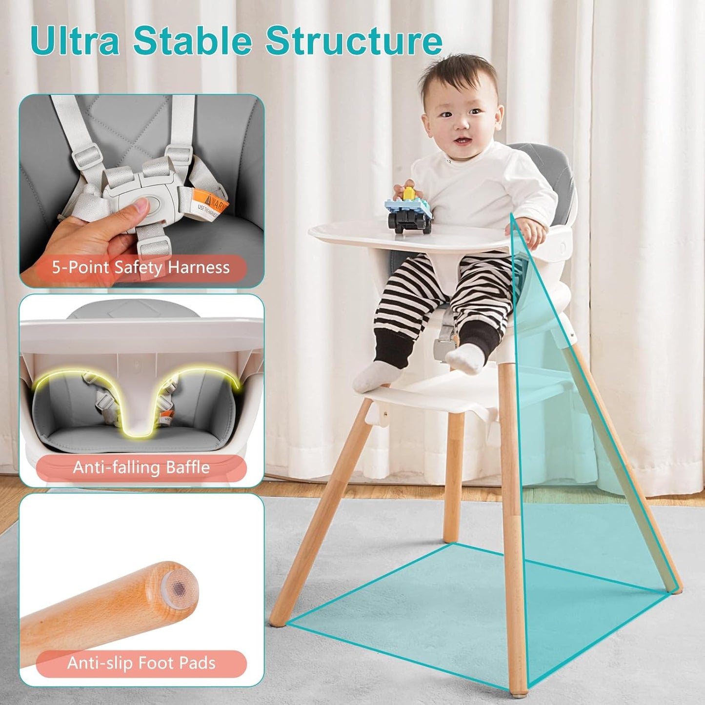 High Chair, 6 in 1 Wooden Convertible High Chairs for Babies and Toddlers, Booster Seat with Double Tray & Reversible Footrest Baby Highchair, 5-Point Harness Baby Feeding Chair, Grey