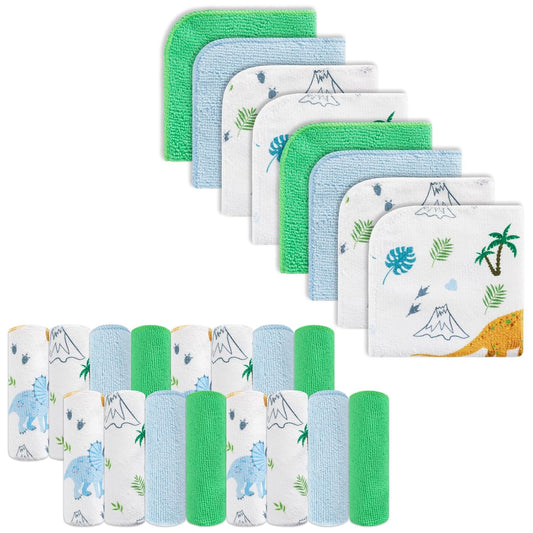 Baby Washcloths, 24Pack Baby Washcloth Extra Soft & Ultra Absorbent, for Unisex Boys Girls Body, Washclothes Gentle on Sensitive Skin, 9x9 Dinosaurs Trees