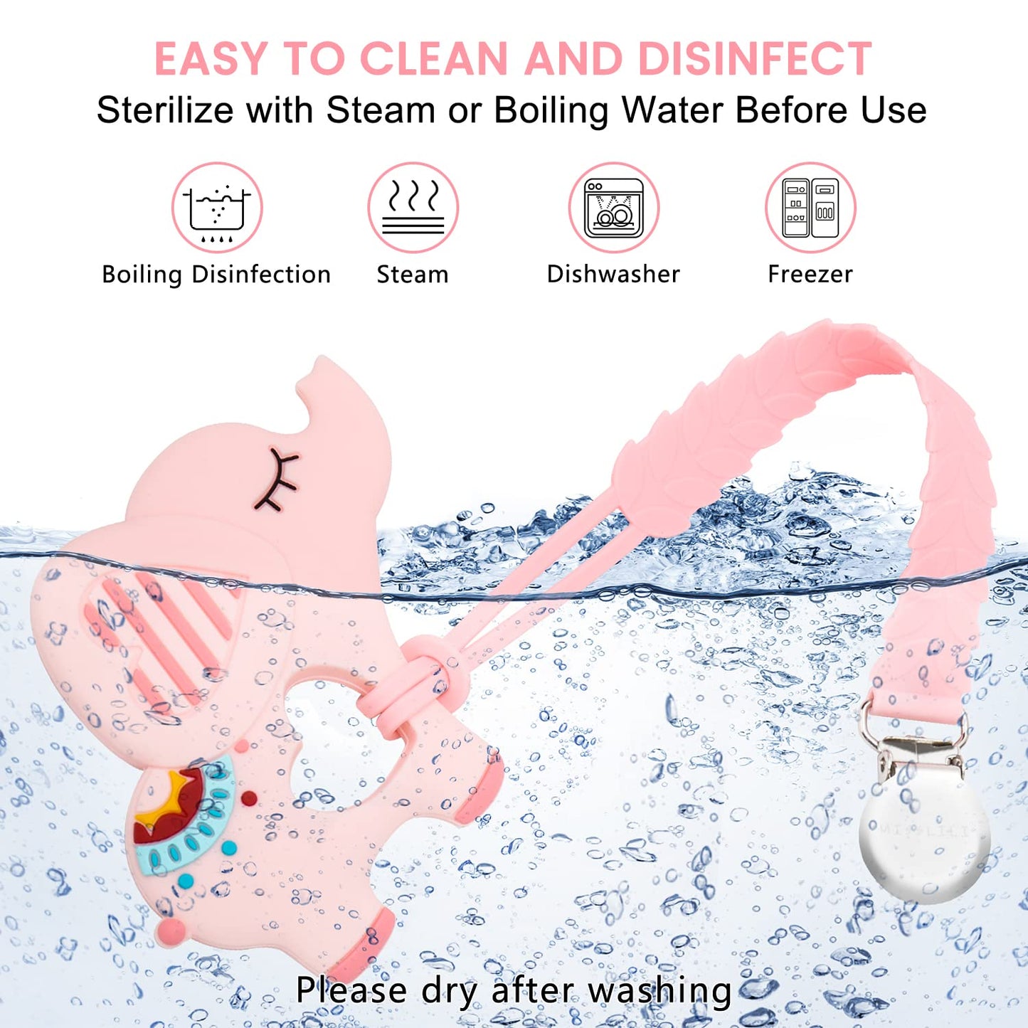 Teething Toys for Babies 0-6 6-12 Months Baby Teethers with Clip Silicone Baby Teether Toys for Boys and Girls Infant Teething Relief for Teething Elephant Shape, Pink