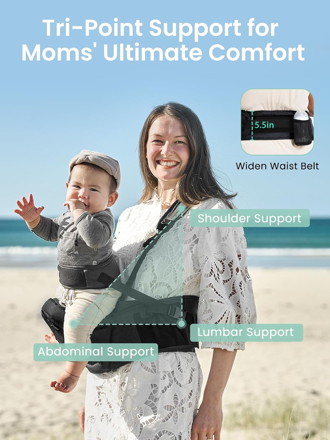 Baby Hip Carrier, GROWNSY Supportive Hip Carrier with Safety Belt for Baby Toddler Up to 50lbs, Large Capacity Pockets, Adjustable Waistband for Different People, Black