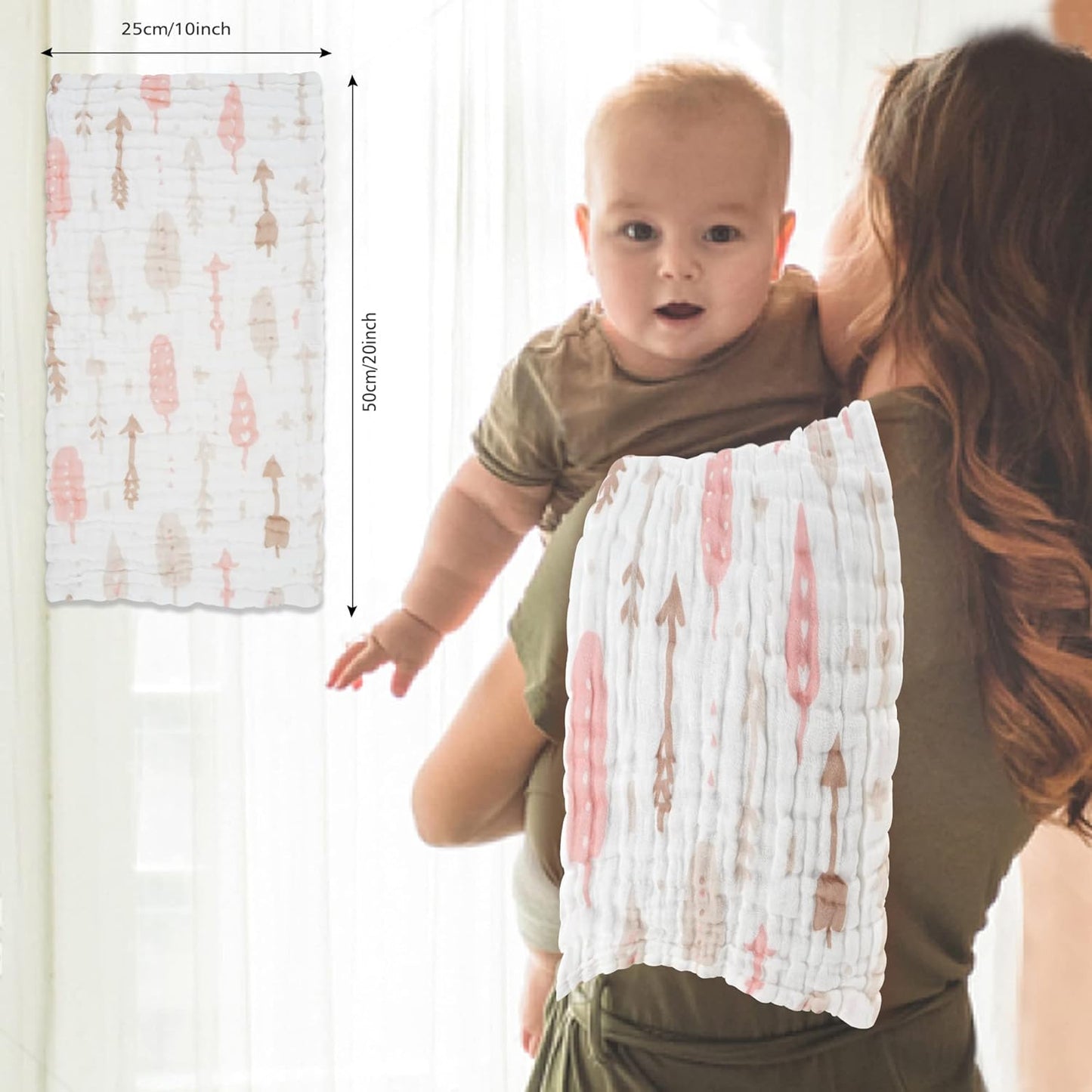 Viviland Baby Muslin Burp Cloths, 10 x 20 inches 6-Layer Baby Bath Towels, 100% Cotton Super Absorbent Washcloths for Baby Girl and Boy, Pink Heart & Star Pattern 4 Pack