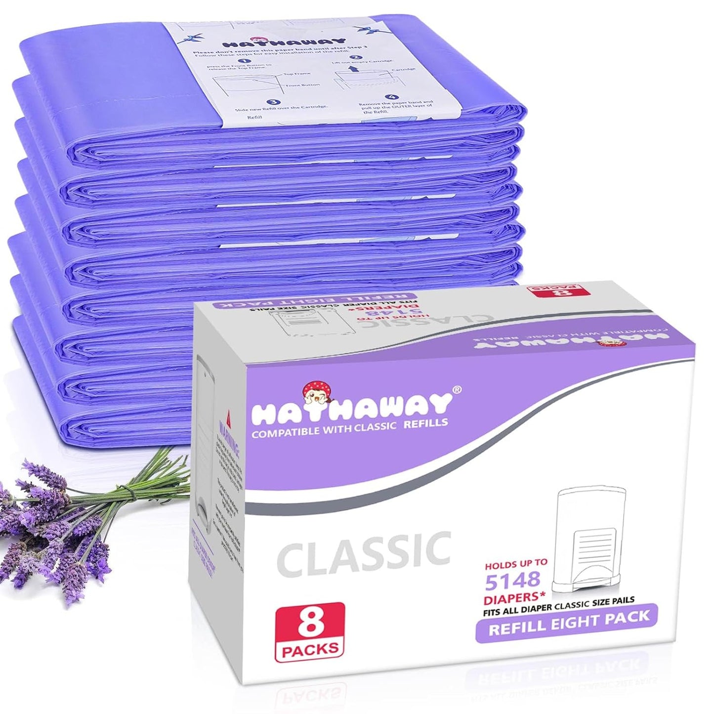 Diaper Pail Refill Bags Compatible with Dekor Classic Diaper Pail, Extra 30% Length, Hold up to 5148 Diapers, Lavender Scent, 8 Pack