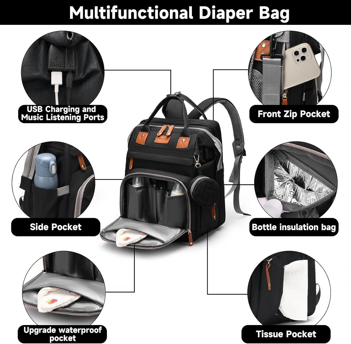 Baby Diaper Bags with Changing Station, Large Capacity Diaper Bag Backpack for Moms Dads with USB Charging Port,Travel Baby Bag with Pacifier Case & Stroller Straps(Up-Black)