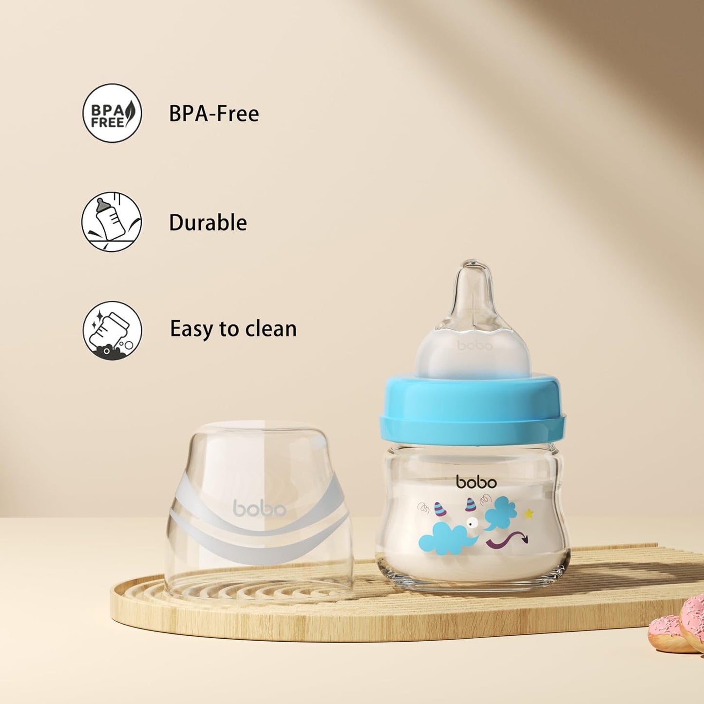 YOHKOH Glass Baby Bottles with Slow Flow Nipple, Newborn Anti-Colic Baby Bottles for 0+ Months, Wide Neck Feeding Bottle, Clear (Blue, 2.7oz (Pack of 4))