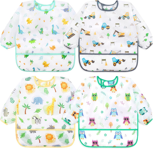 Accmor 4 Pack Long Sleeve Bibs, Baby Smock Waterproof Sleeved Bib Smock for Baby Toddler 6-36 Months