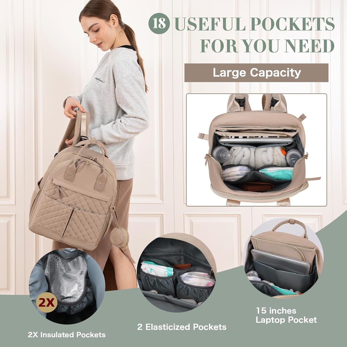 Diaper Bag Backpack, Baby Diaper Bag with 18 Pockets, Large Baby Bag Backpack for Girl Boy, Waterproof Diaper Bag with Changing Pad,Wet Dry Bag, Khaki
