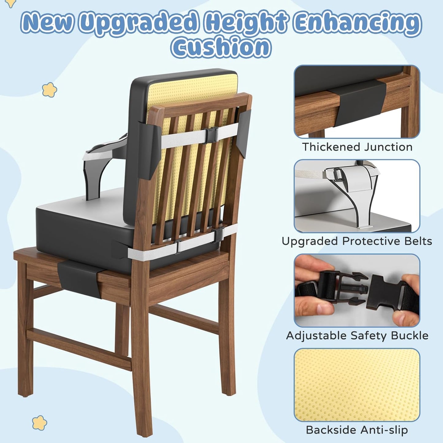 Booster Seat for Kitchen Chair, Toddler Booster Seat for Dining Table with Backrest and Safety Buckles, Portable Non-Slip Bottom Toddler Booster seat for Table