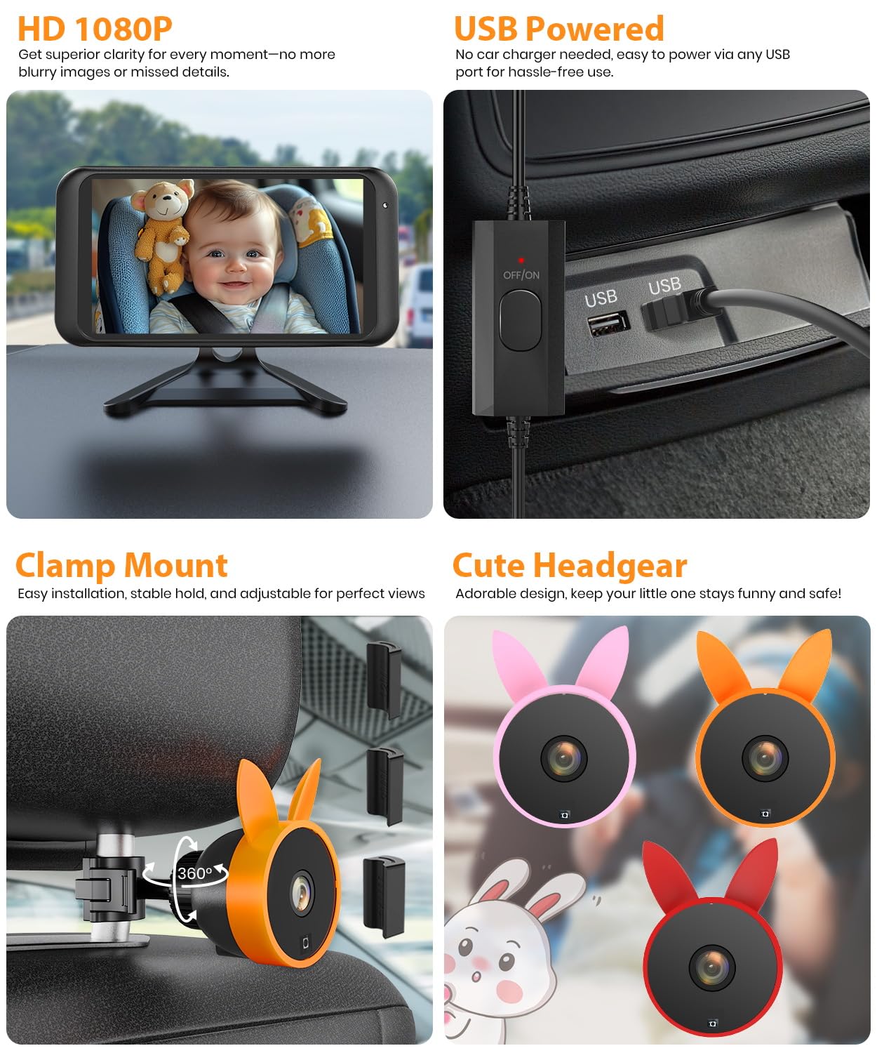Babyvue BV2 USB Baby Car Camera Plug-Play, 4.5" 1080P Easy Setup Backseat Camera with Flexible 360 Rotation, Clear Picture Rear Facing Car Seat – Peace of Mind for Pet Owners and Parents