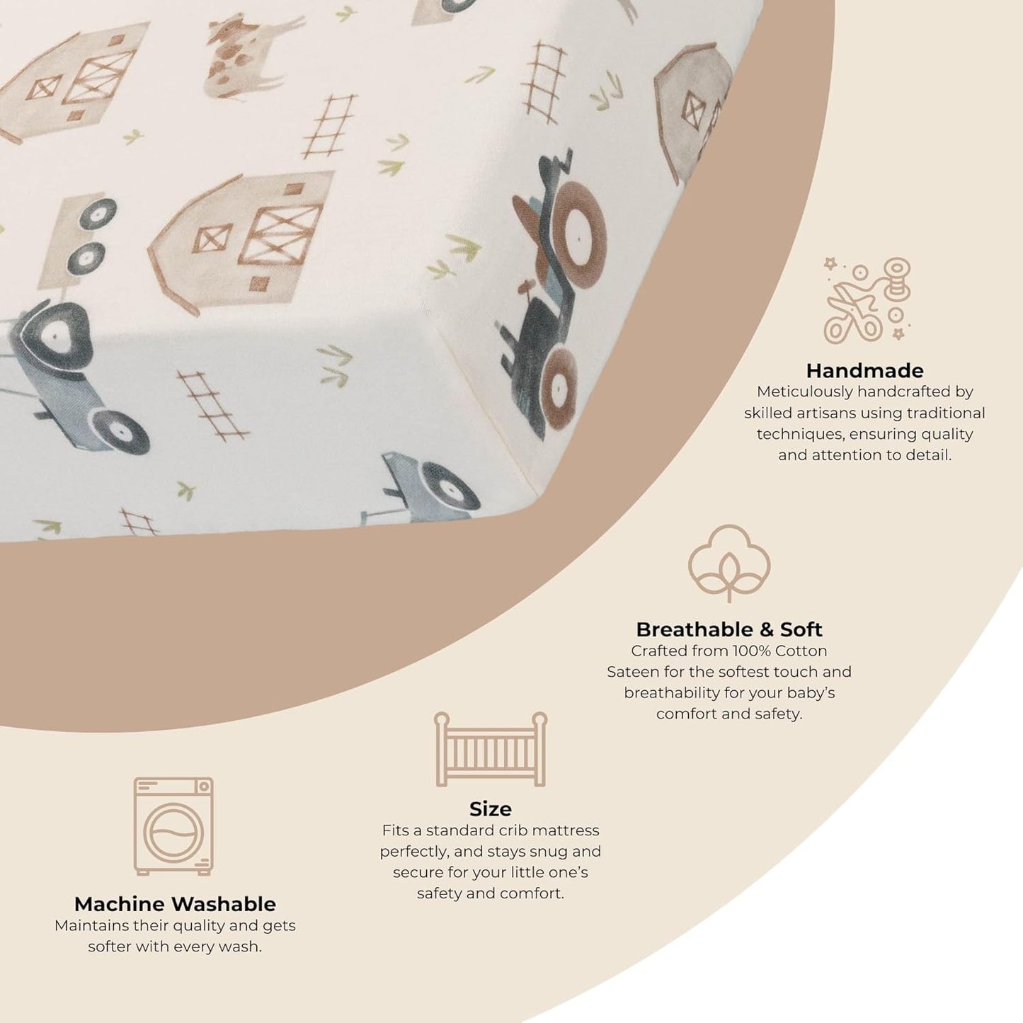 Crane Baby Charlie Farmhouse Tractor Crib Fitted Sheet, 100% Cotton Baby Bed Sheets, Farm Nursery Decor, Crib Sheets for Boys, Baby Registry Gift, Tractor Nursery Decor