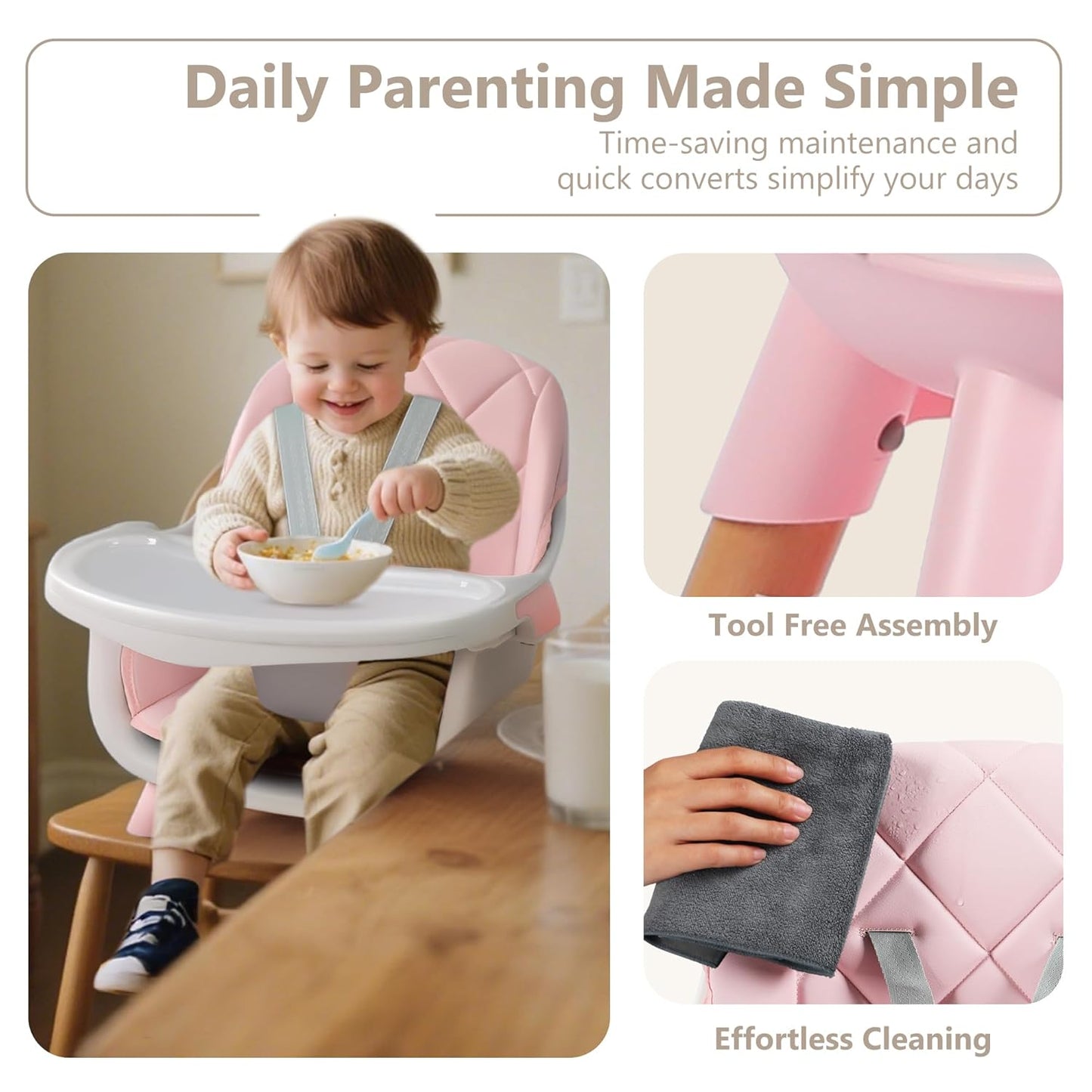 Kinder King 7 in 1 Baby High Chair for Babies and Toddlers with Large Storage Footrest, Booster Seat, Convertible Wooden High Chair with 3-Depth Double Dishwasher Safe Tray, 5 Point Harness, Pink