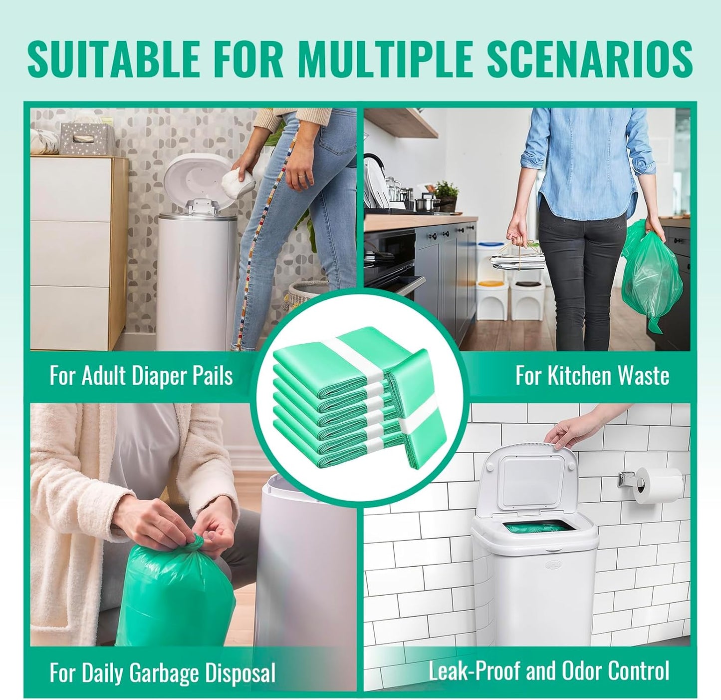 Diaper Bucket Replacement Bags, 2 Rolls Extra Thick, Leak-Proof &Odor Blocking, For Adult Diaper Systems, Diaper Pails, Toilet &Yard Waste, Thickened Diaper Pail Refill Bags Hold Up to 1328 Diapers