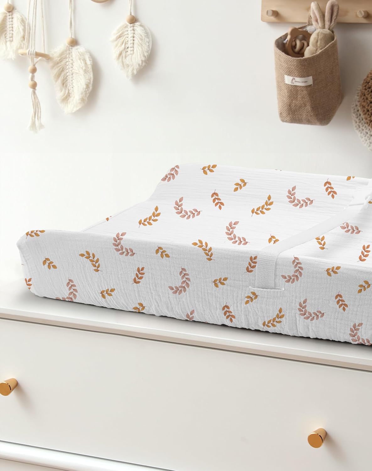 Changing Pad Cover for Baby Boy Girl 2 Pack, Muslin Changing Table Pad Covers with Boho Style, Neutral Nursery Bedding Essentials Soft and Breathable(Brick & Leaf)