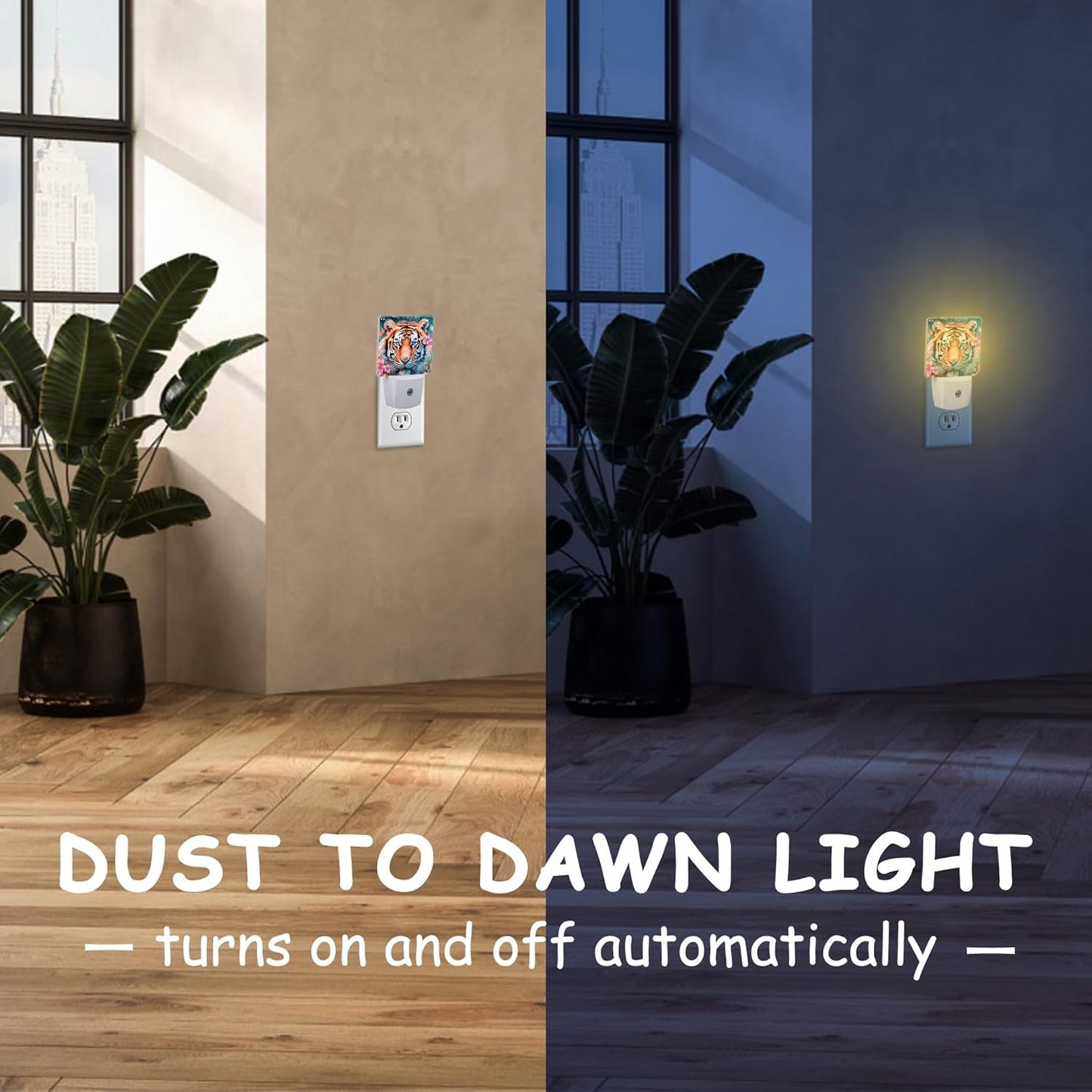 Watercolor Tiger Surrounded by Flowers Night Light Plug Wall,LED Night Lights with Dusk to Dawn Light Sensor for Women Girls Boys Room Decor,Hallway,Kitchen,Bathroom,Nursery,Stairs