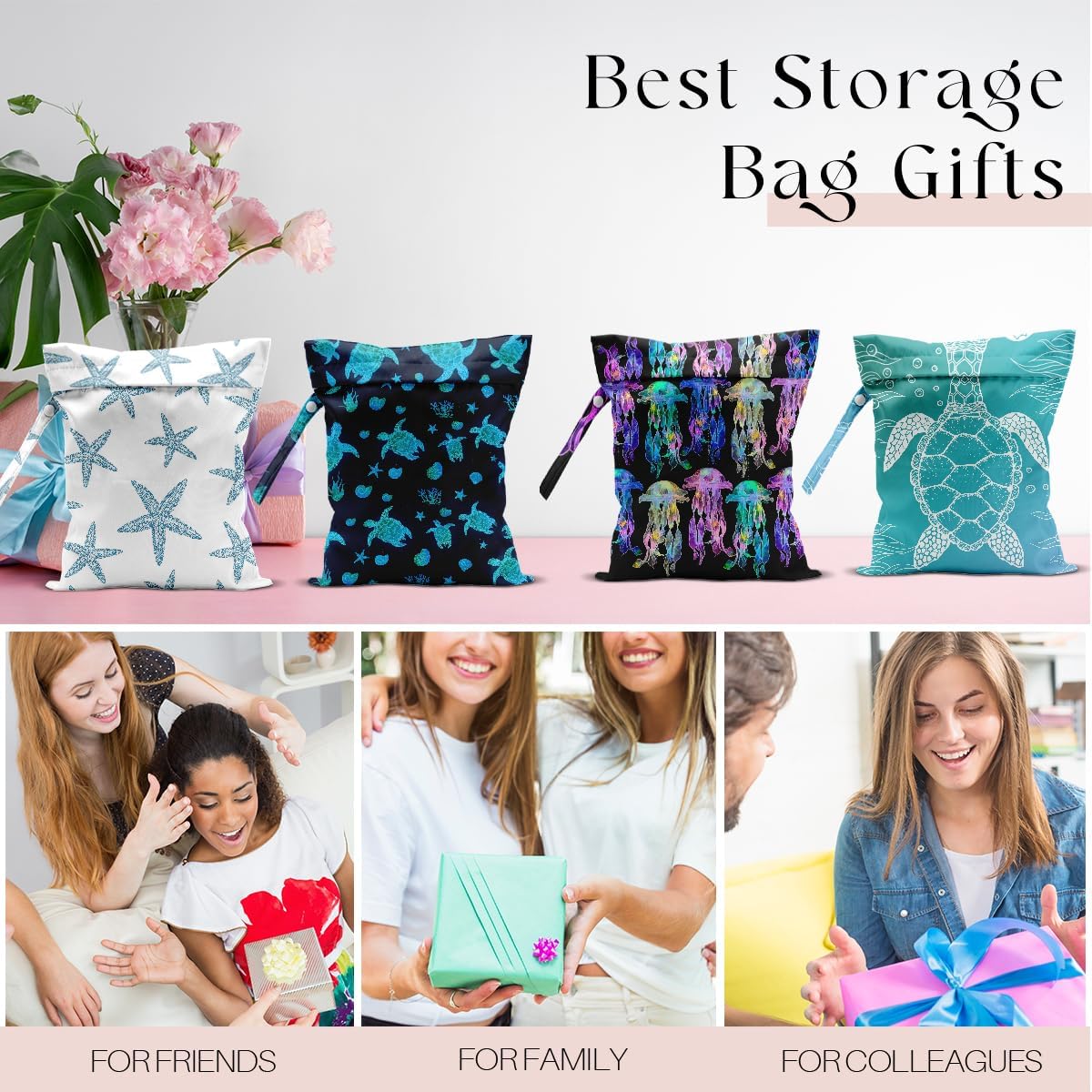 4 Pack Wet Bag for Swimsuit, Beach Travel Essentials Wet Dry Bag, for Sunscreen Toiletry Dirty Clothes Yoga Gym Diaper, Friend Summer Beach Vacation Gifts. Starfish, sea turtles, jellyfish