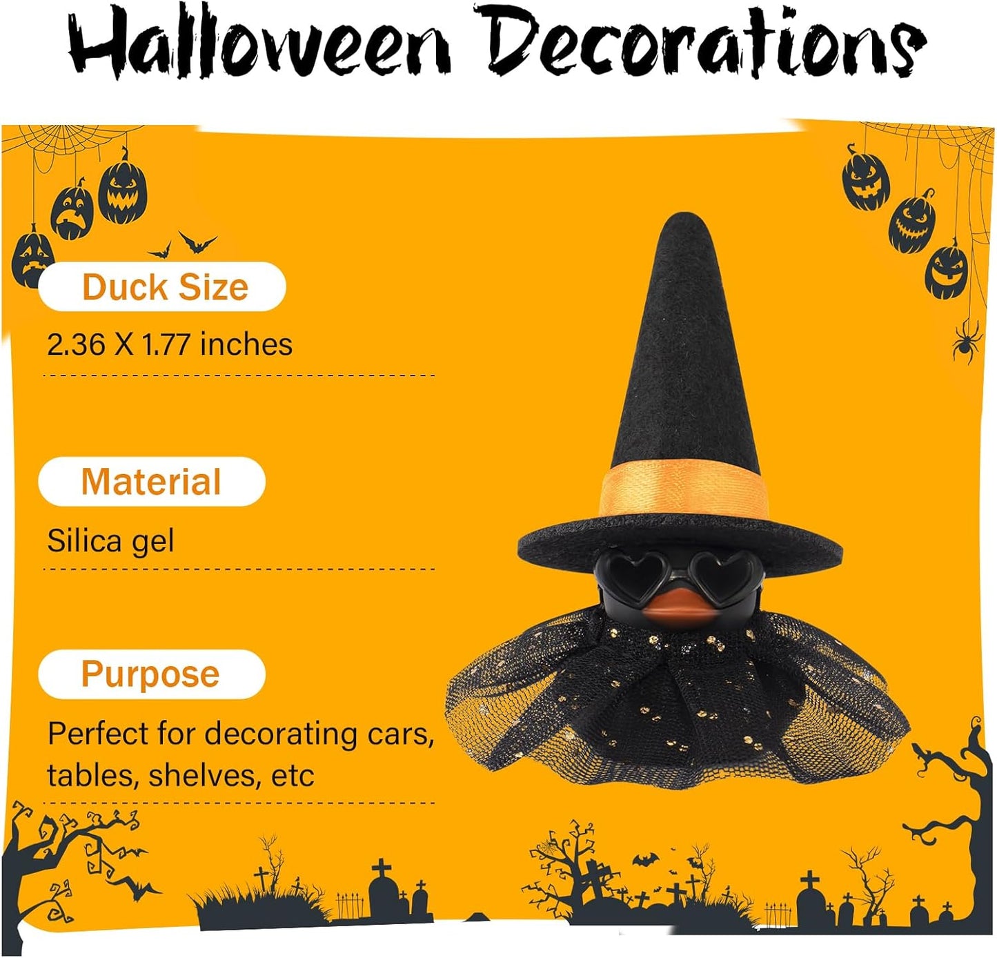 wonuu Car Dashboard Witch Black Rubber Ducks for Halloween, Decorations Duck for Office Desk Ornament Accessories with Hat Glasses Skirt, Orange