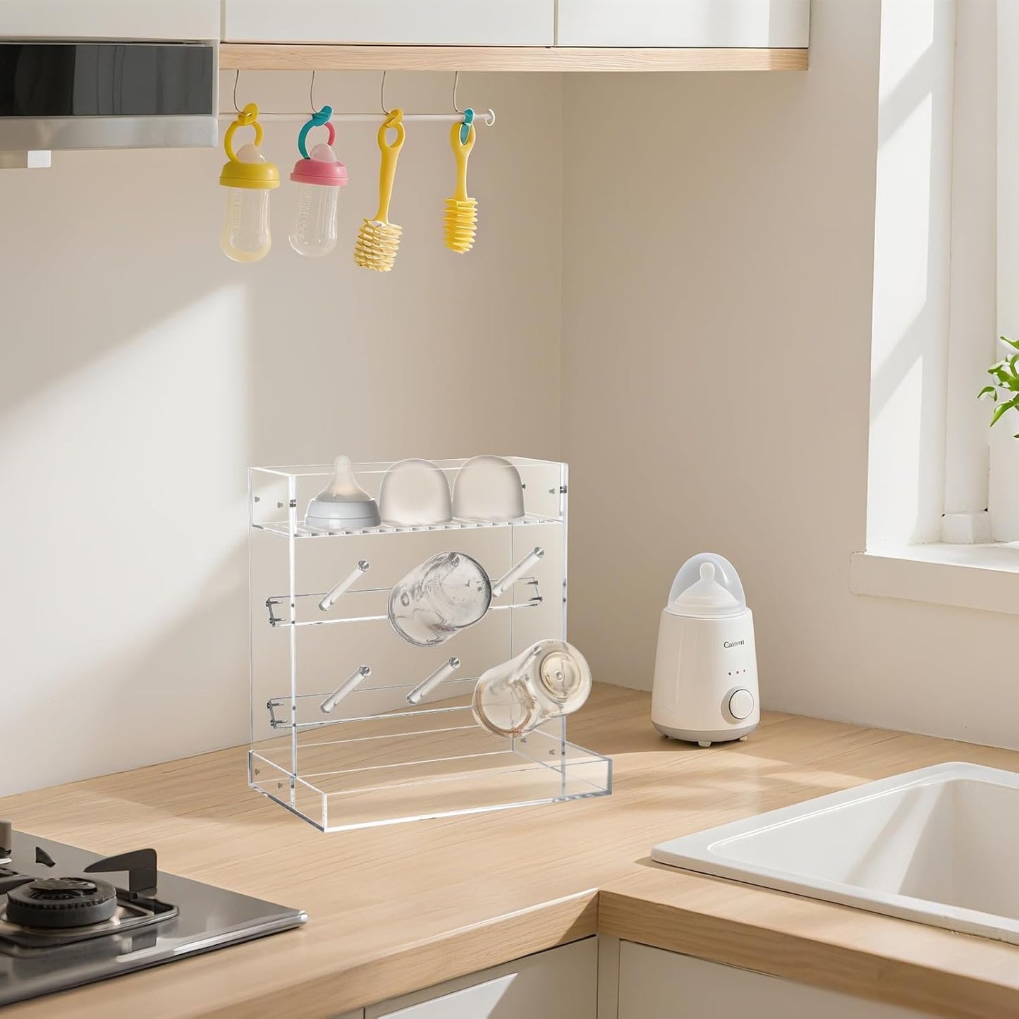 Vertical Baby Bottle Drying Rack, Acrylic Space Saving Baby Bottle Dryer Rack and Baby Accessories Oragnizer for Kitchen Countertop, Quick Drying, Easy Cleanup & Storage, Clear