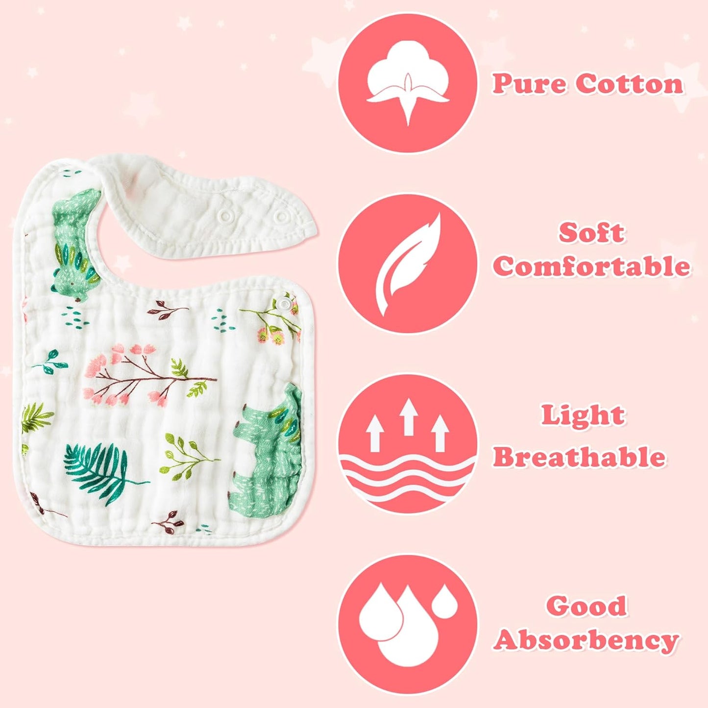 Zainpe 6Pcs Snap Muslin Cotton Baby Bibs Summer Cactus Patterns Infants Drooling Bib, Soft Absorbent Adjustable Burp Cloths for Newborns Girls Boys Toddlers Teething Eating Feeding 0 to 36 Months