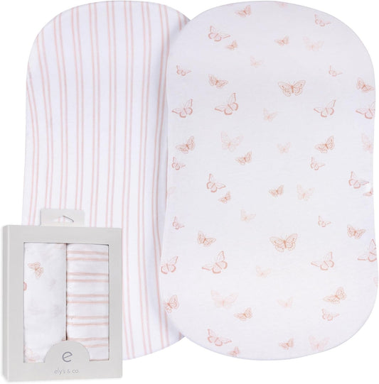 Ely’s & Co. Bassinet Sheets, Baby Girl Fitted Bassinet Mattress Sheet Set - 2 Pack, 100% Jersey Knit Cotton, fits Oval, Hourglass and Rectangle Mattress, Pink Butterly + Stripe, 32”x16”x3”