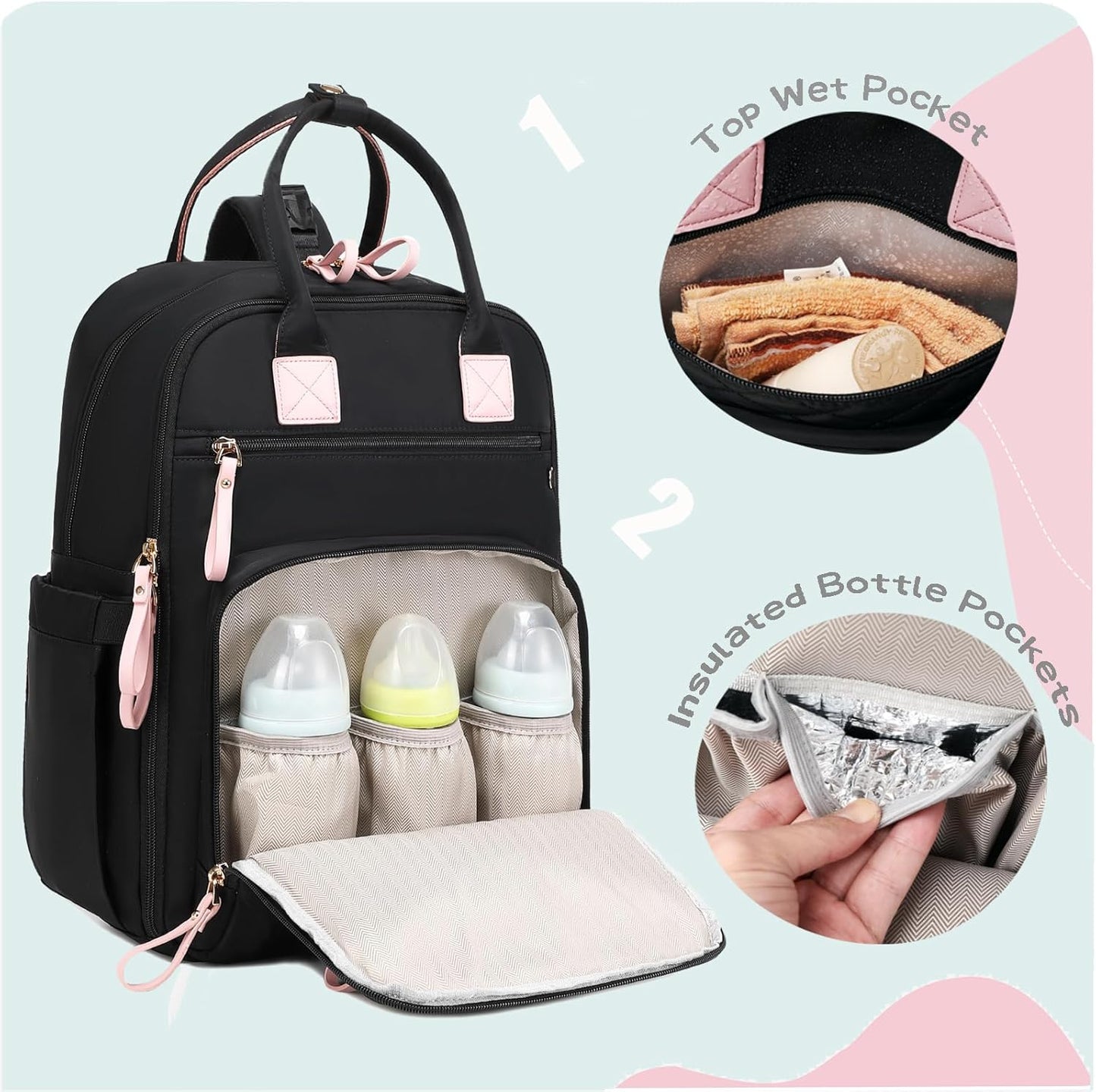 18 Pockets Large Diaper Bag Backpack with Waterproof Pockets and Stroller Buckle, Convertible Baby Bag (Black, Large)