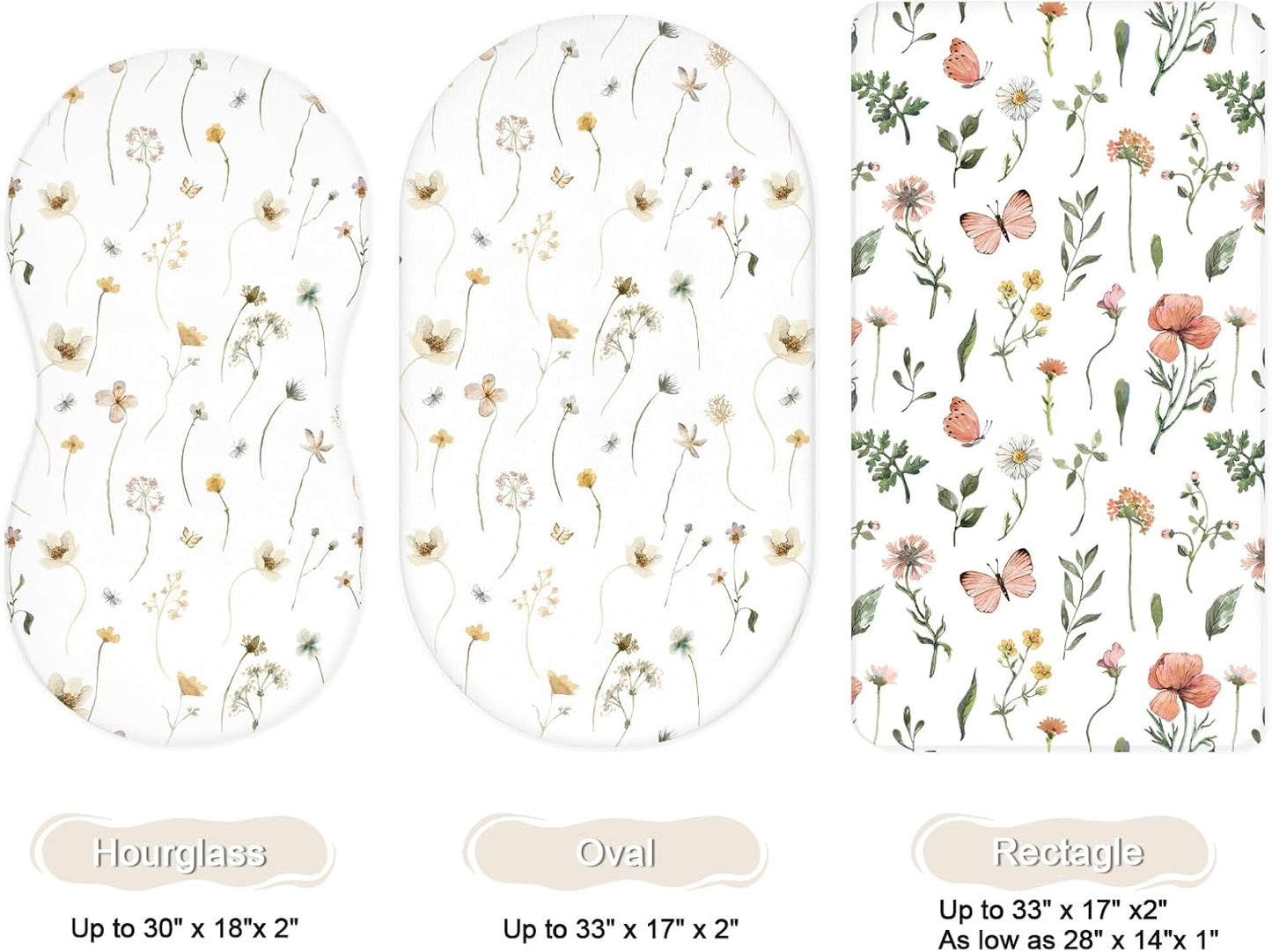 Bassinet Sheets for Baby Girls Boys 2 Pack, Fitted Baby Mattress Sheet for Rectangle, Oval, Hourglass Bassinet Mattress, Breathable Cozy & Universal Fit (Butterfly Garden)