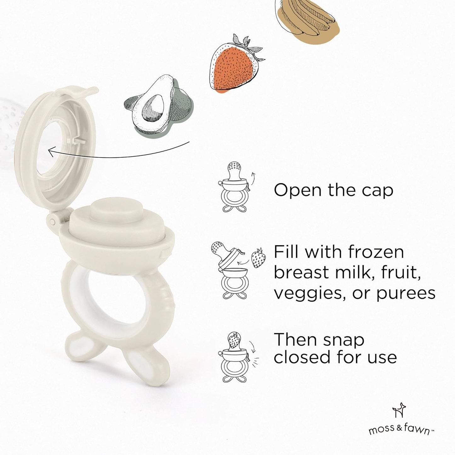 Moss and Fawn Little Explorer Kit - Silicone Frozen Breast Milk Popsicle Kit with Forage Feeder, Teething Popsicle Ice Cube Tray, & Gather & Roll Baby Feeding Bib - BPA, PVC, & Lead-Free - Ecru