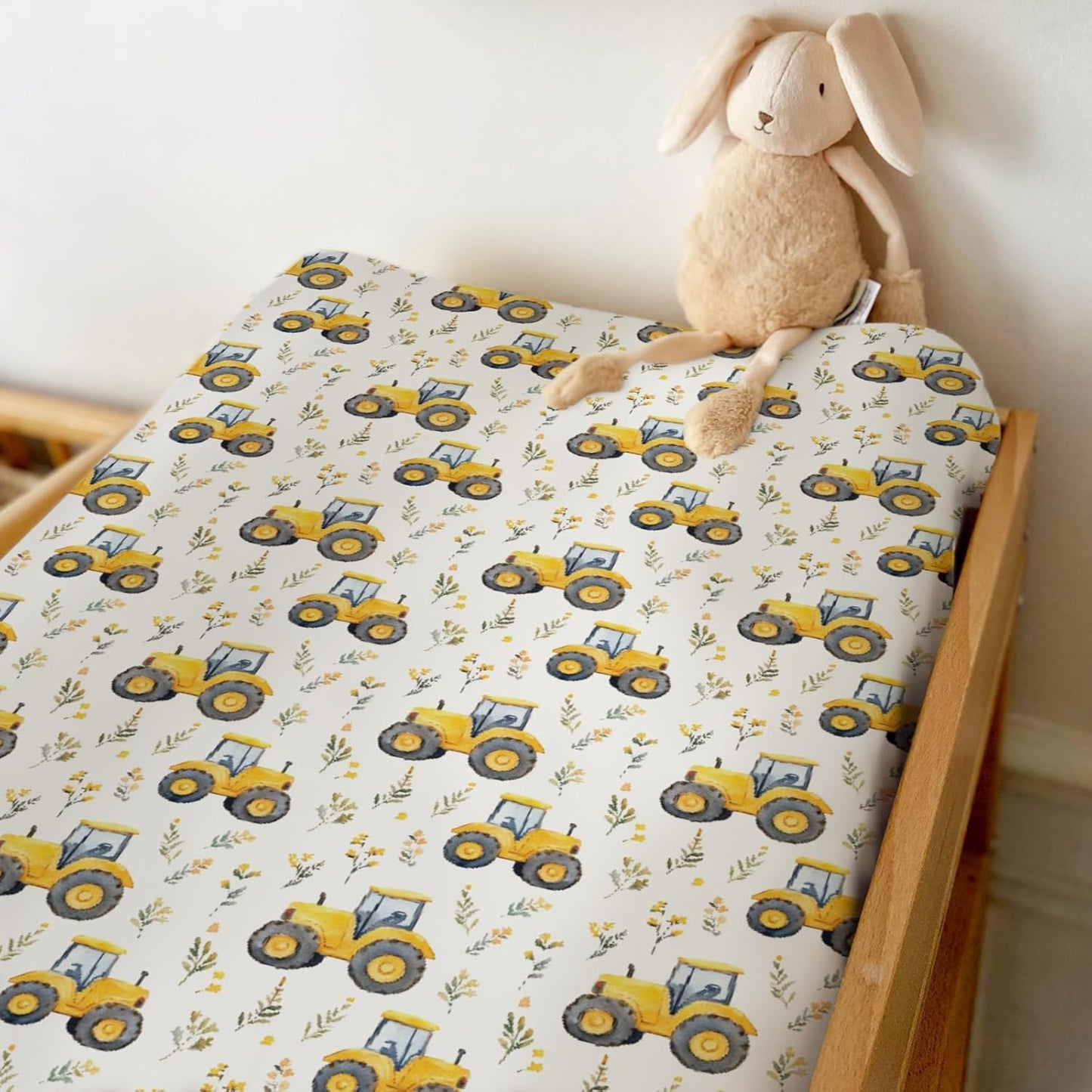 Watercolor Yellow Tractors Baby Changing Pad Covers for Boy Girl Farm Tractors Boho Leaves Fitted Change Table Mats Farm Life Soft Diaper Change Table Cover Sheets for 32''×16'' Contoured Pad