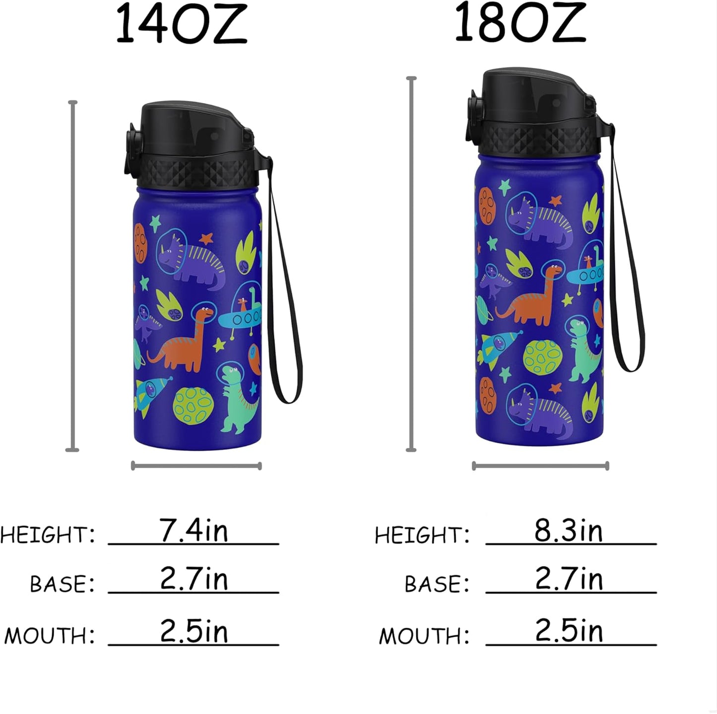 GOPPUS Kids Water Bottle (Straw Lid)-18oz Vacuum Insulated Stainless Steel, Reusable Tumbler for School, Boys, Girls,Blue Space Dinosaur