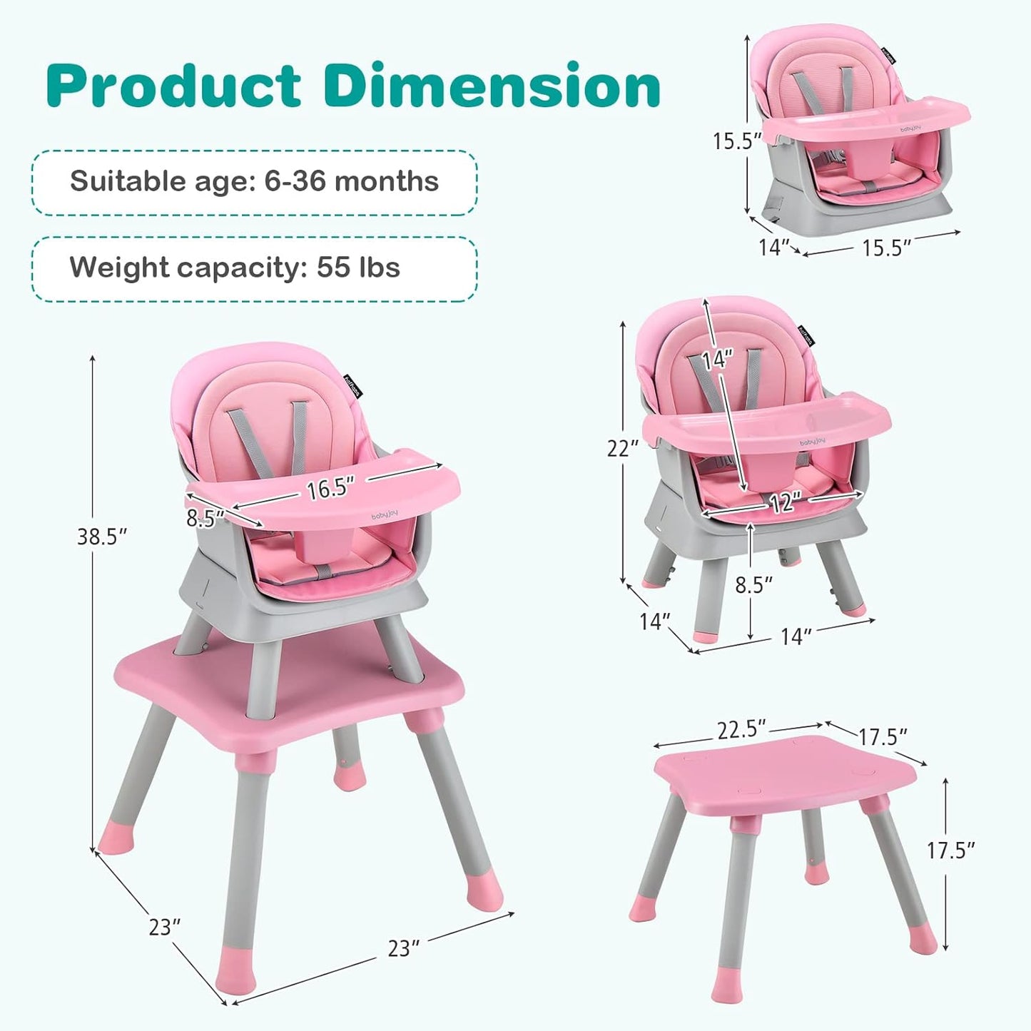BABY JOY Baby High Chair, 8 in 1 Convertible Highchair for Babies & Toddlers | Booster Seat | Table and Chair Set | Building Block Table | Toddler Chair with Safety Harness, Removable Tray (Pink)