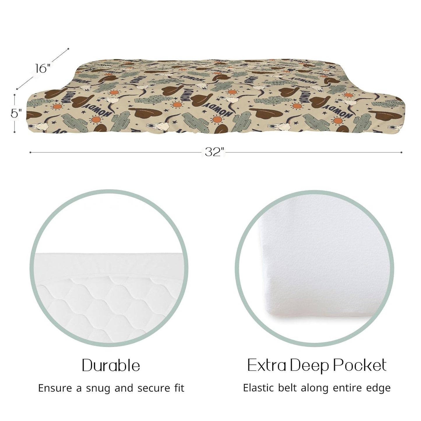 Western Cowboy Howdy Hat Cactus Changing Pad Cover for Baby Boys, Boho Wild West Cow Lover Sun Star Diaper Change Table Covers, Soft Stretchy Safe Snug Fitted Changing Mat Sheets Fit 32"/34" x 16"