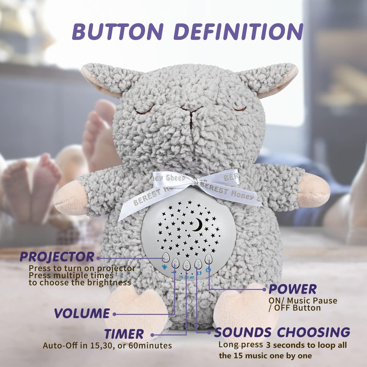 BEREST Baby Sleep Soother with Projector Night Light, Teddy Bear Sheep Musical Plush Toy with White Noise, Heartbeat, Shushing, Lullabies for Newborns, Boys & Girls Infants Shower Gift