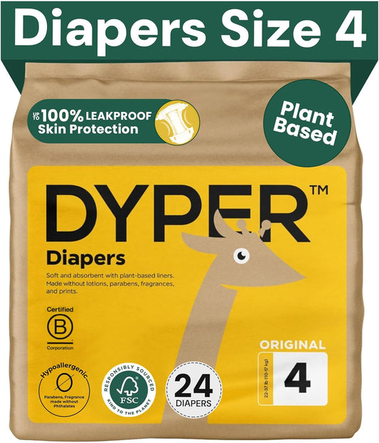 DYPER Baby Diapers Size 4 (24 Count) – Plant-Based, Hypoallergenic, Fragrance-Free & Ultra Absorbent Disposable Diapers for Day and Overnight Skin Protection, Single Pack Size 4 Diapers