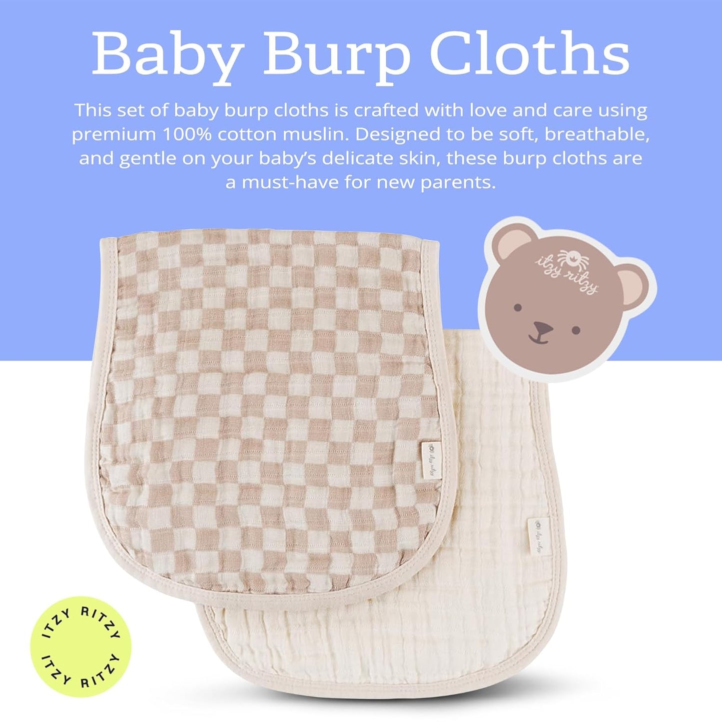 Itzy Ritzy Set of 2 Baby Burp Cloths – Ultra-Soft Absorbent Burping Cloths for Babies - Made of 100% Cotton Muslin & Generously Sized with Trendy Coordinating Prints – Machine Washable (Checkerboard)